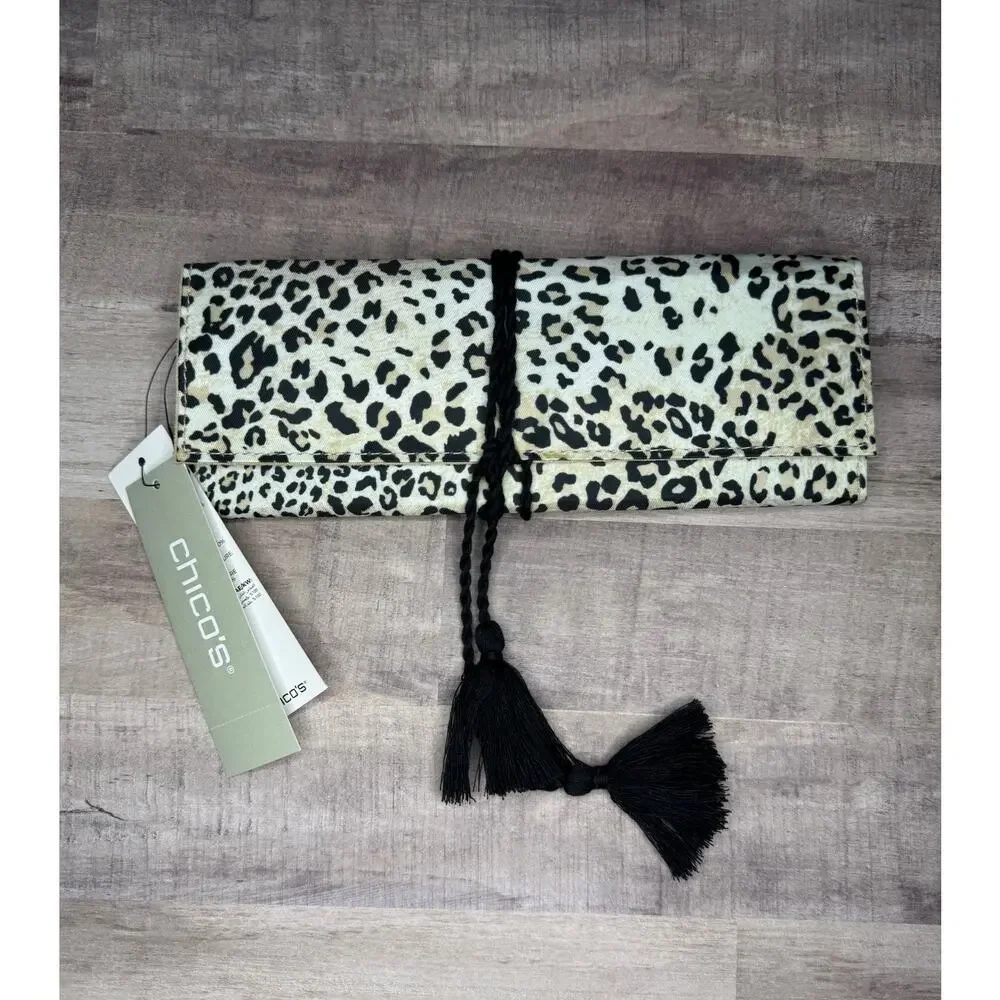 Chico's Leopard Print Jewelry Roll Travel Case w/ Tassels
